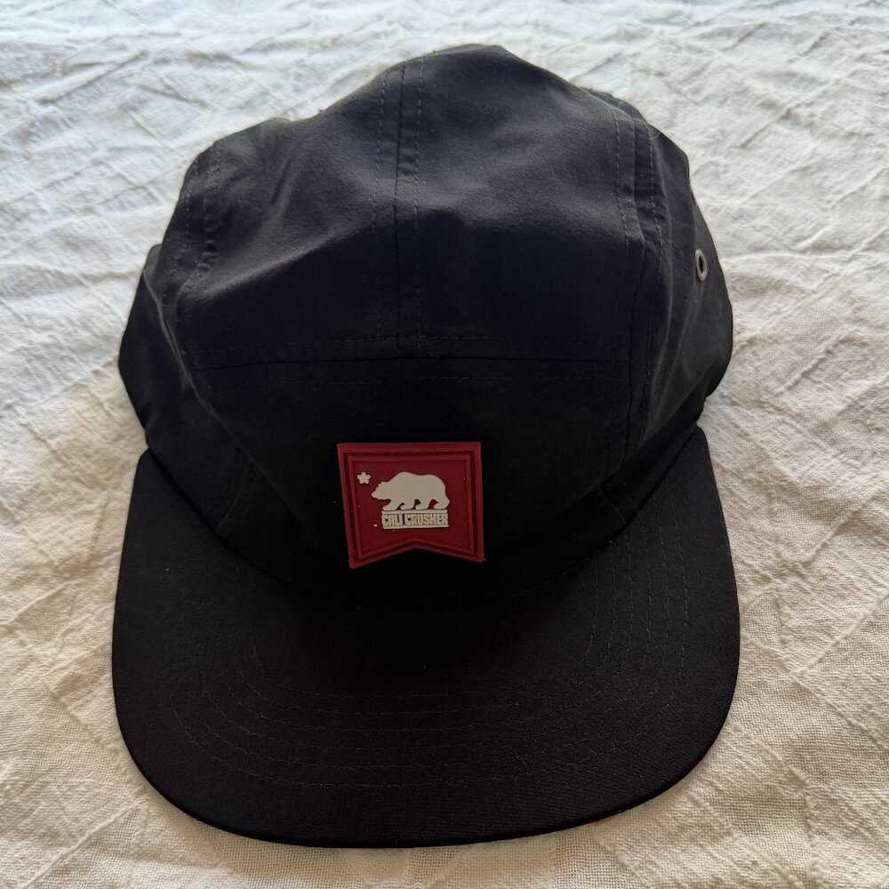 CALI CRUSHER Black 5 Panel Camper Hat - Red Cali Bear Patch - Adjustable